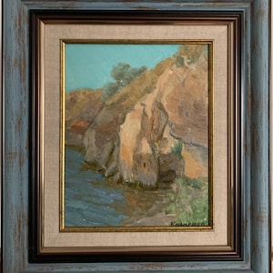 Kulagina Anna, pintura impressionista brilhante "Costa rochosa do mar", pintura a óleo vintage original do artista ucraniano soviético, única
