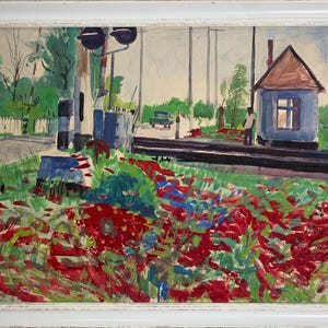 Pintura em aquarela impressionista brilhante "Travessia ferroviária e papoulas" pintura vintage original do artista ucraniano soviético - Gribok Dmitry
