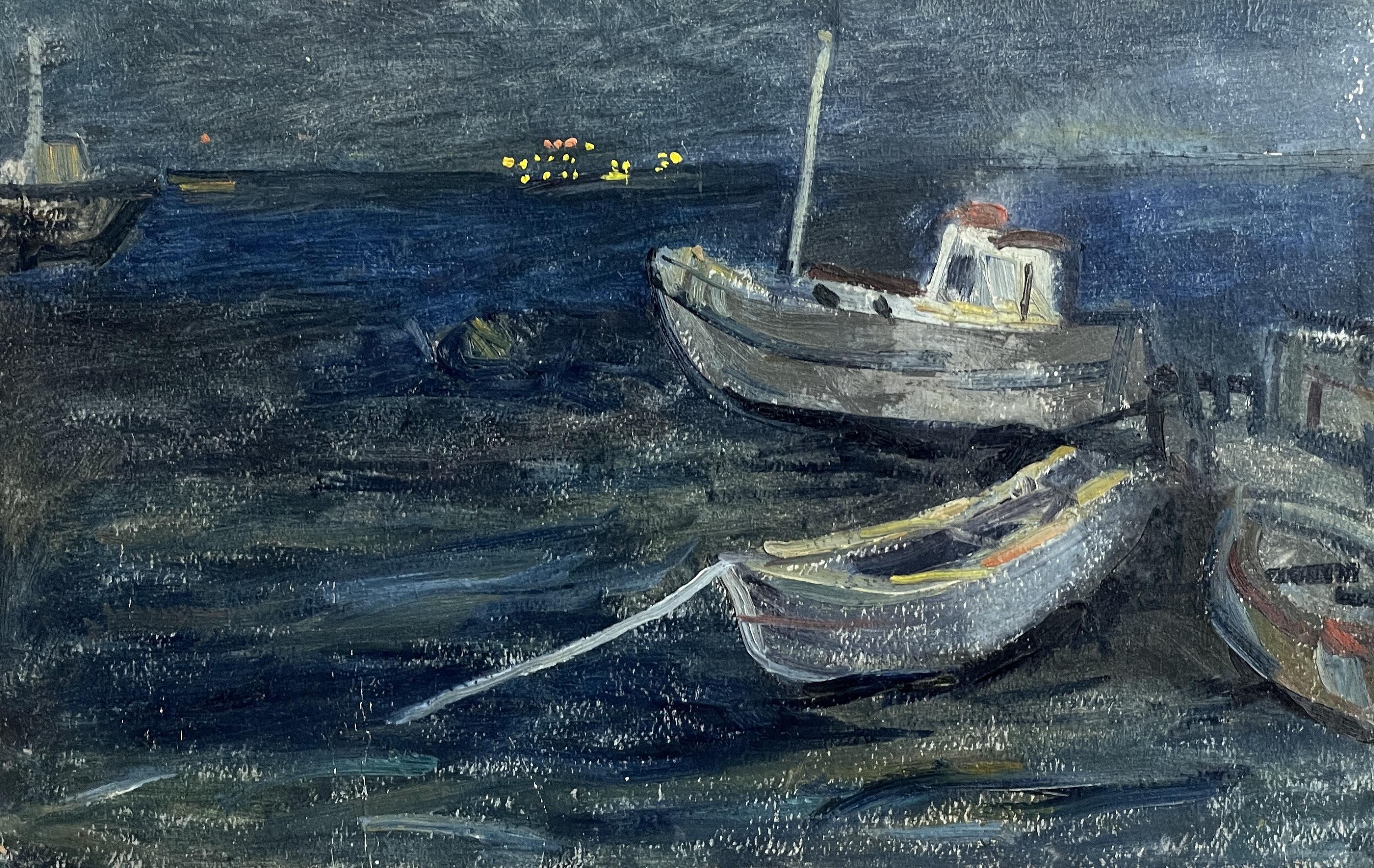 夜の海を描いた明るい厚塗りの絵画「漁港。ジダーノフ」、ソビエト