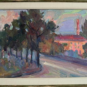 Pavel Dobrev, Bright impressionistic oil painting &quot;From the Night City series&quot; original vintage oil painting, Ukrainian Zaporozhye artist