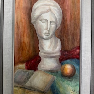 Bright expressionistic painting "Still life with bust" original watercolor painting Soviet Ukrainian artist, in stylish frame, one of a kind
