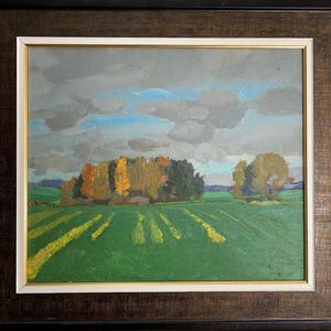 Goncharenko, brillante pintura impresionista "Campo de primavera", pintura al óleo vintage original, artista ucraniano soviético, pieza única, enmarcada.