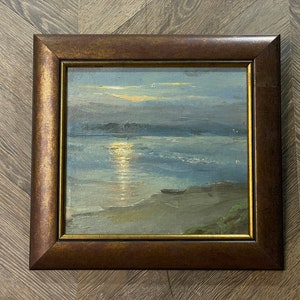 Een helder beeld van de Zwarte Zee, "Dawn on the Coast of Odessa", origineel vintage olieverfschilderij van de Oekraïense Sovjetkunstenaar - Zhurakovsky V. afbeelding 2