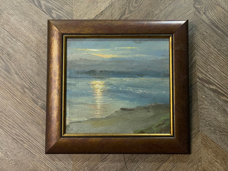 Een helder beeld van de Zwarte Zee, "Dawn on the Coast of Odessa", origineel vintage olieverfschilderij van de Oekraïense Sovjetkunstenaar - Zhurakovsky V. afbeelding 2