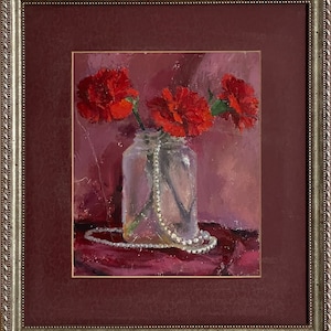 Pintura al óleo brillante de estilo impresionista "Claveles y perlas", pintura vintage original del artista ucraniano, enmarcada