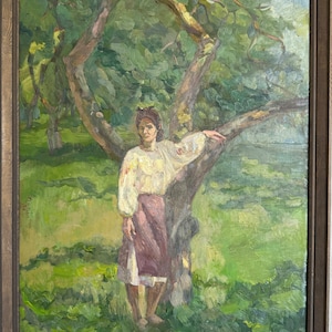 Bright impressionistic oil painting &quot;Apple Orchard. Old tree&quot; original vintage oil painting, Ukrainian artist, Portrait of a Ukrainian girl