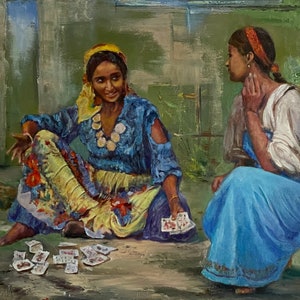 Senkin V., pintura brillante estilo impresionista “¿Qué preguntas, Belleza? Adivinación con cartas”, pintura original del artista ucraniano.