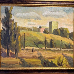 May include: An oil painting in a dark brown and gold frame depicting a landscape with tall trees on the left, a grassy hill, and a multi-story building in the background. The scene features a cloudy sky, earthy tones, and a signature in the bottom right.
