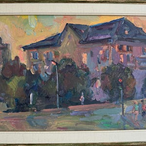 Pavel Dobrev, Bright impressionistic oil painting &quot;From the Night City series&quot; original vintage oil painting, Ukrainian Zaporozhye artist