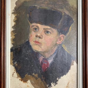Vintage Ukrainian painting "Portrait of a Soviet Schoolboy," one-of-a-kind, oil painting, framed, by Dmitry Gribok