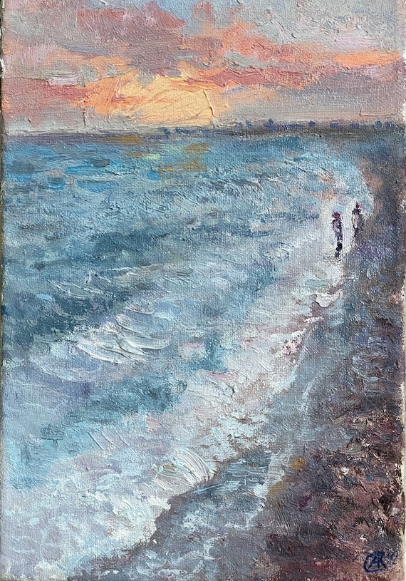 海辺の夕日を描いた絵画、クレミンスキー作のヴィンテージ油絵、20 x