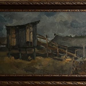 Bredyuk Pavel, Pintura a óleo expressionista brilhante “Na corrente na fazenda coletiva” pintura vintage original Artista ucraniano soviético