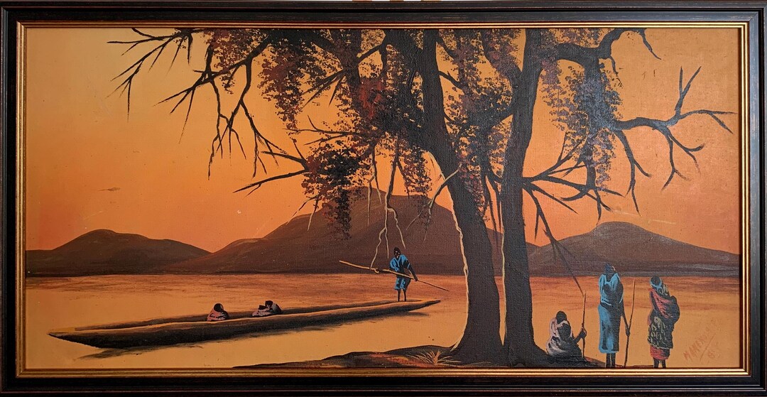 ヴィンテージ風アフリカの夕日油絵、厚塗り技法、額装キャンバス（86 x