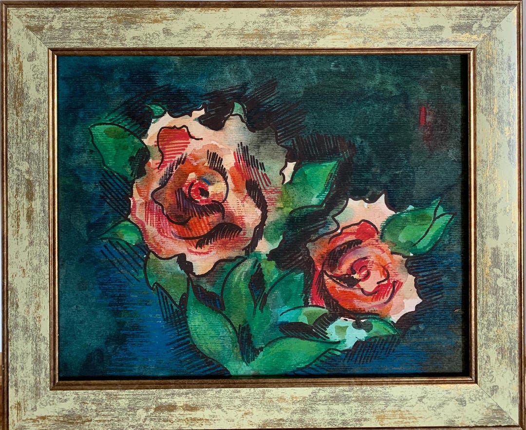 水彩画 バラの花 額装済み ヴィンテージ「孤独なバラ」水彩画、額装済みウクライナ美術 - Etsy 日本