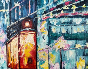 オスタペンコ E.、印象派の油絵「ネオンシティ」オリジナルの油絵