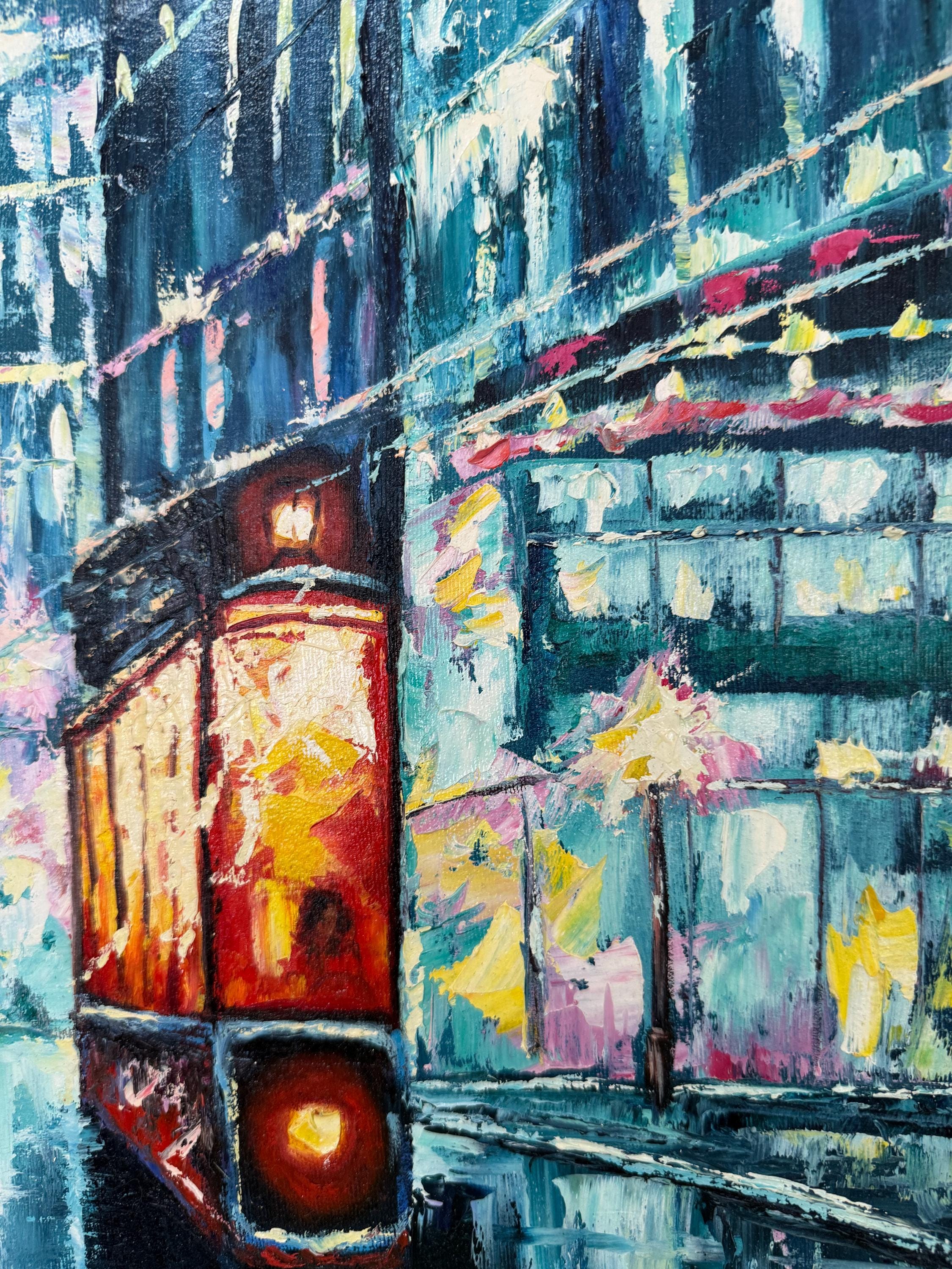 オスタペンコ E.、印象派の油絵「ネオンシティ」オリジナルの油絵