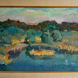 Pavel Dobrev, Bright impressionistic oil painting &quot;Khortytsya Island&quot; original vintage oil painting, Ukrainian Zaporozhye artist, framed