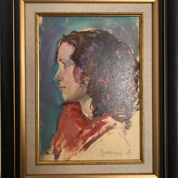 Kulagina Anna, pintura impressionista brilhante "Retrato de uma namorada", pintura a óleo vintage original do artista ucraniano soviético, única