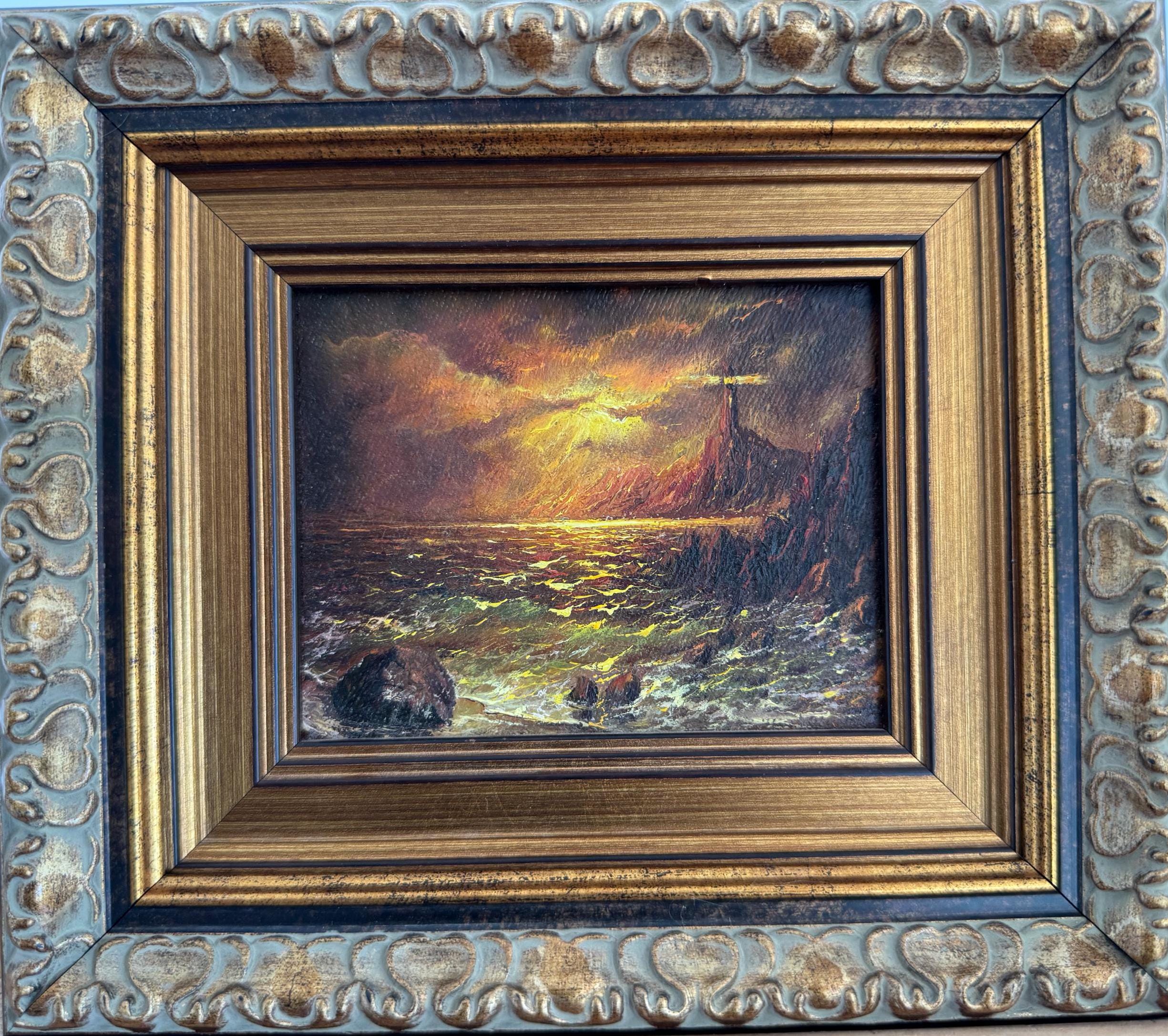 ツカノフ、明るい表現主義の油絵「灯台」オリジナルのヴィンテージ油絵