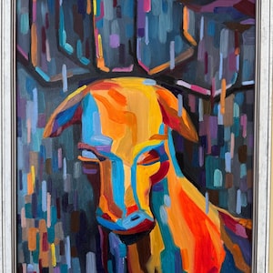 Author's, Bright avant-garde painting "Space Deer" original oil painting, Soviet Ukrainian artist, one of a kind, in a stylish frame