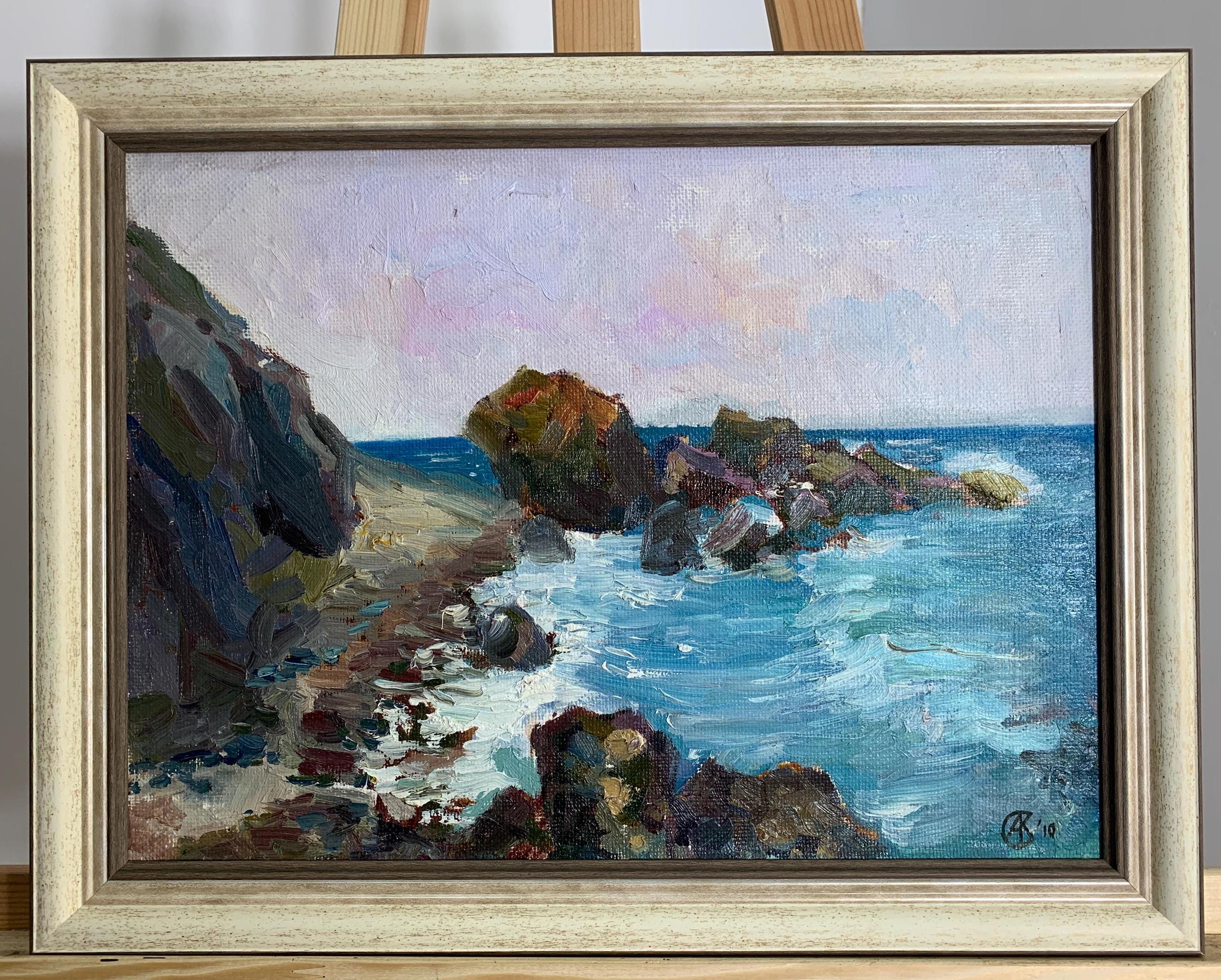 海をテーマにした明るい絵画「石」、ソビエトウクライナの芸術家