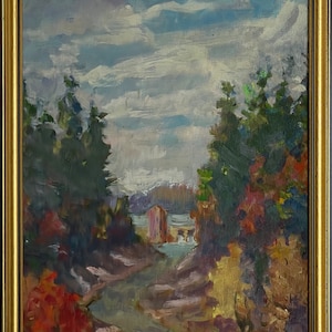 May include: Oil painting of a landscape scene with a winding path leading to a building. The artwork features a cloudy sky, trees, and a golden frame. The color palette includes blues, greens, and reds.