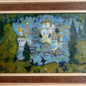 Smirnov V., Pintura a óleo expressionista brilhante "O conto da cidade de Kitezh" pintura a óleo vintage original do artista ucraniano soviético