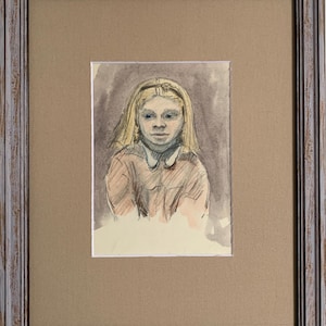 Dipinto ad acquerello espressionista luminoso "Ritratto di una ragazza", dipinto originale d'epoca, artista sovietico ucraino, cornice con passe-partout