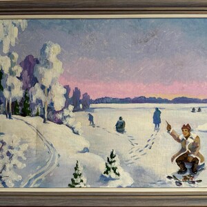 Pintura al óleo de expresionismo brillante "Pesca de invierno", pintura al óleo vintage original de artista ucraniano soviético, en un marco elegante
