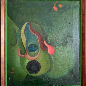 May include: Abstract painting with a green background and a colorful, organic shape in the center. The shape is made up of blue, red, yellow, and white paint. There is a black circle in the center of the shape.