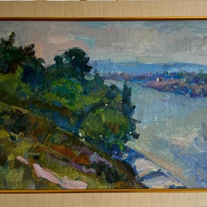 Pavel Dobrev, Bright impressionistic oil painting &quot;Slopes of the Dnieper&quot; original vintage oil painting, Ukrainian Zaporozhye artist, framed