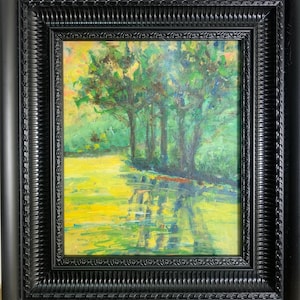 Vasyanovich V., Pintura impressionista brilhante "Inundação de primavera" pintura a óleo vintage original, artista ucraniano soviético, única, emoldurada