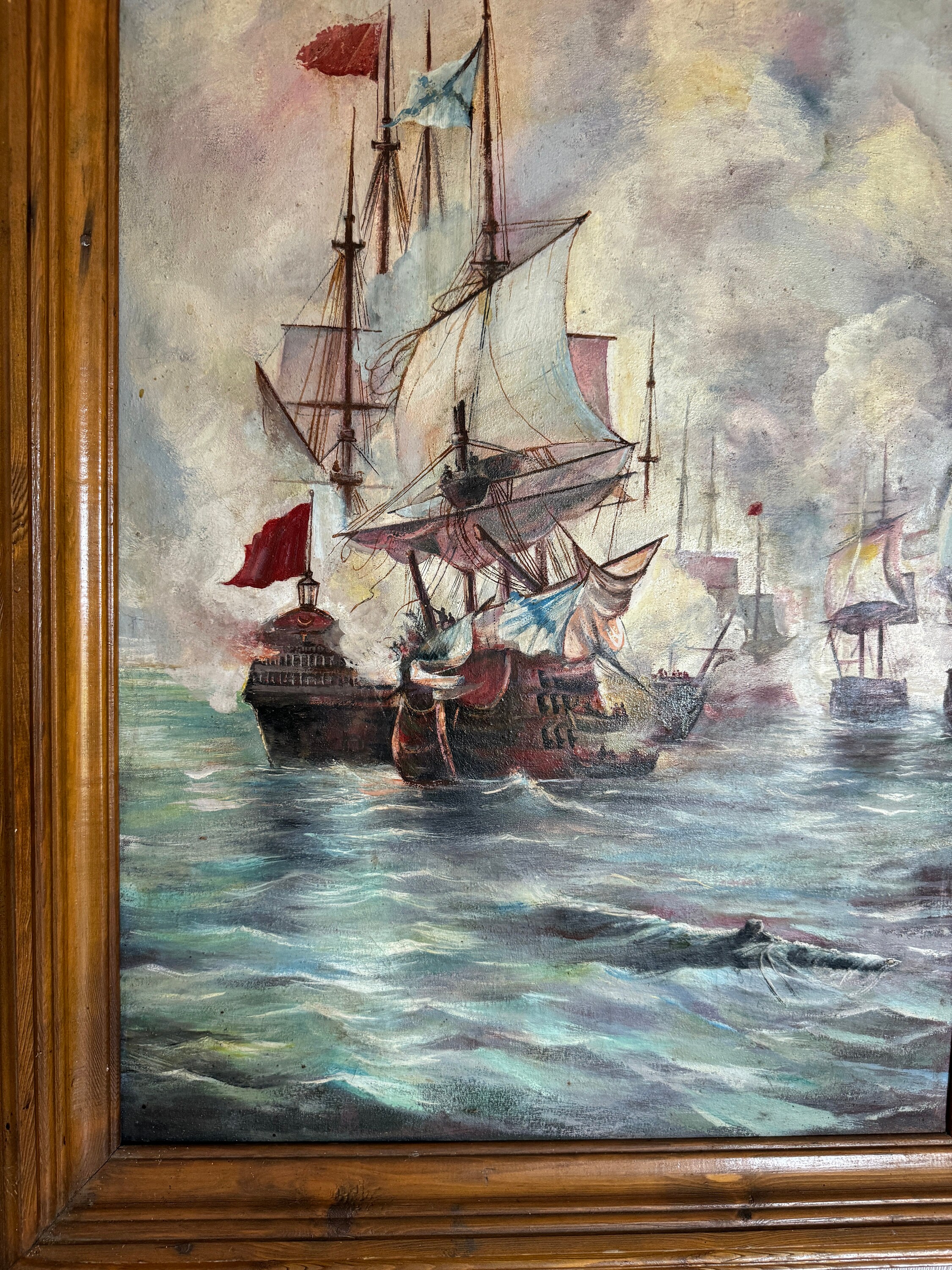 鮮やかな印象派の油絵「ガレオン船の海戦」ソビエトウクライナの