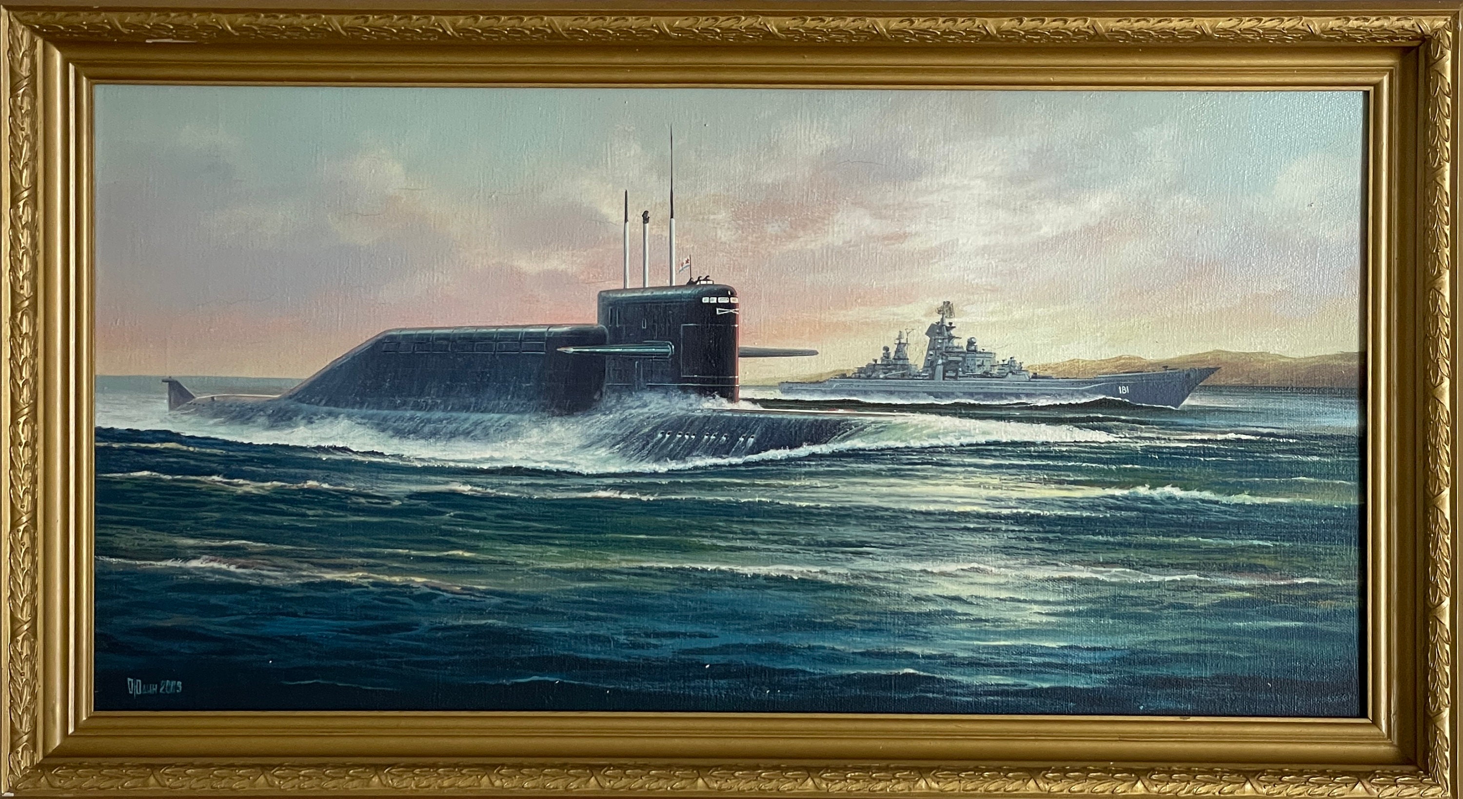ヴィンテージ潜水艦油絵、印象派海景画、ロシア人画家ユーディン