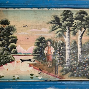Author's Bright Folk painting "Sadness of Parting" original vintage oil painting, Soviet Ukrainian artist, one of a kind, in a wooden frame