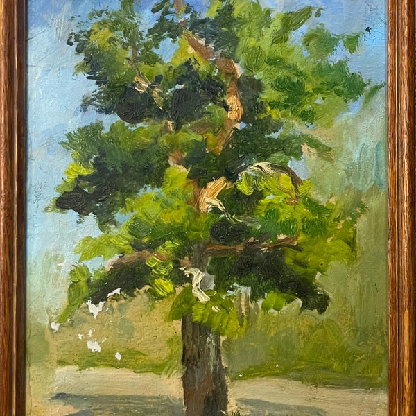 Vivid expressionist oil painting "Lone Pine", original vintage oil painting Soviet Ukrainian artist - Mikhail Antipov, etude - oak frame