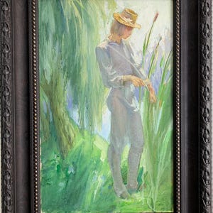 Vasyanovich V.,Pintura impressionista brilhante "O Último Jovem Romântico" pintura a óleo vintage original, artista ucraniano soviético, única