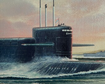 ヴィンテージ潜水艦油絵、印象派海景画、ロシア人画家ユーディン