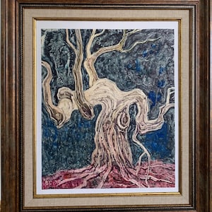 Dipinto a olio espressionista luminoso "Stoicismo vitale", dipinto a olio originale d'epoca dell'artista ucraino sovietico, in cornice con passe-partout