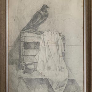 Helder expressionistisch potloodschilderij "Dove on a box" origineel vintage grafietschilderij Sovjet-Oekraïense kunstenaar, in lijst