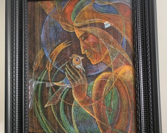 Cuadro ucraniano antiguo "Amor y Esperanza", una pieza única, pintura original al pastel, enmarcada bajo cristal.
