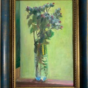 Vasyanovich V., cuadro impresionista "Flores silvestres en la ventana", pintura al óleo original de época, artista ucraniano soviético, pieza única.