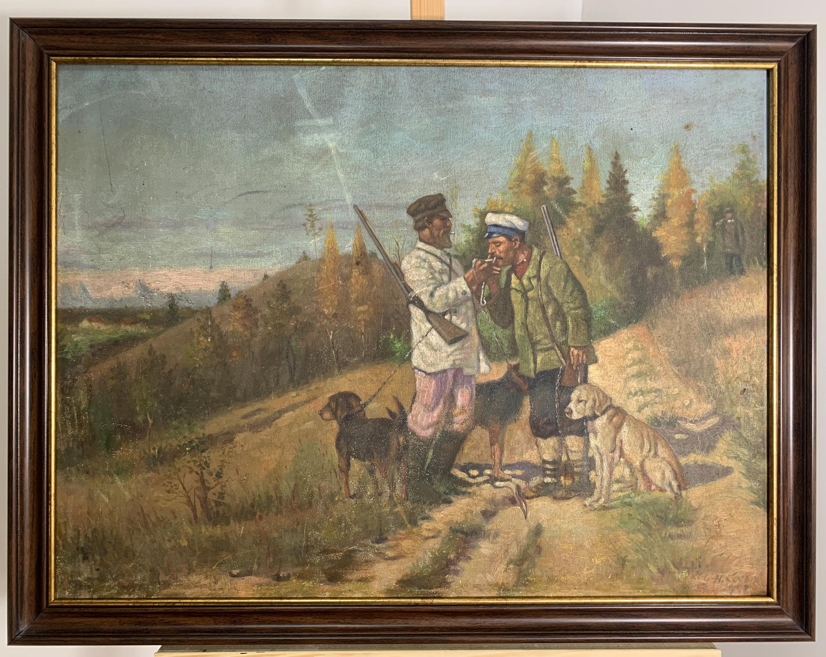 Vintage Autumn Hunting Oil Painting, Russian Soviet Impressionism