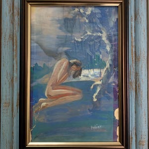 Rubier, Dipinto impressionista luminoso "Rito primaverile dell'abluzione", acquerello originale d'epoca, artista sovietico ucraino, pezzo unico