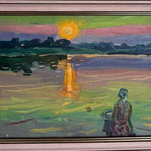 Zorko Yuriy, estilo de pintura a óleo brilhante do impressionismo "Pôr do sol na água" pintura a óleo vintage original, artista ucraniano soviético, emoldurado