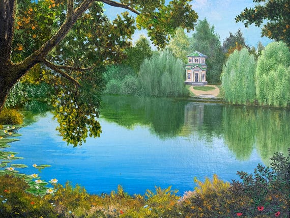 明るい印象派の絵画「湖畔の伯爵の夏の家」オリジナルのヴィンテージ