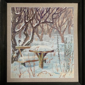 Bredyuk Pavel, pintura al óleo de expresionismo brillante "Banco en el bosque de invierno", pintura al óleo original de época, artista ucraniano soviético, marco