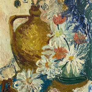 Pintura al óleo de estilo impresionista brillante "Jarra y margaritas", pintura al óleo empastada vintage original de artista ucraniano soviético