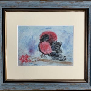 Brillante cuadro impresionista "Pájaro Camachuelo", original pintura al pastel vintage de un artista ucraniano soviético, único en su tipo, en un elegante marco.