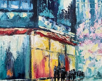 オスタペンコ E.、印象派の油絵「ネオンシティ」オリジナルの油絵